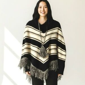 Dreamers Striped Hooded Fringe Poncho Sweater - Black & Cream by Dreamers